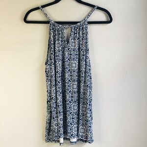 Navy blue and white geometric henna style pattern summer top keyhole front